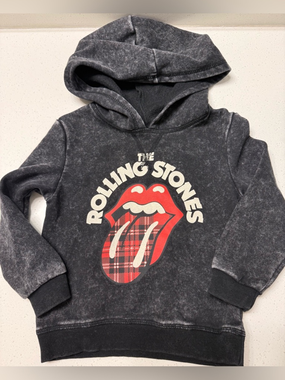 the Rolling Stones Black Kids Hoodie with Red Plaid Tongue Graphic
